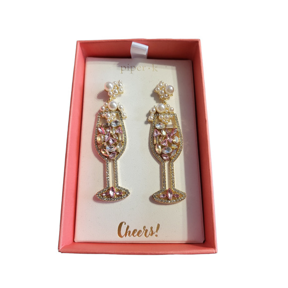 New Gold Tone piper K Faux Pearl Morganite Champagne Glass Earrings - Picture 1 of 4